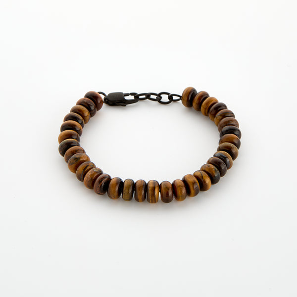 Soulful Bead Bracelet made of round Tiger’s Eye stone beads, arranged in a circle on a white background with a black lobster clasp.