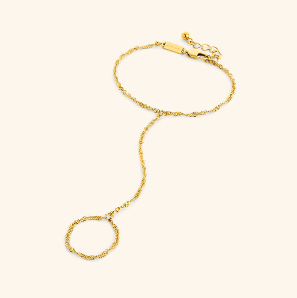 Flat lay of a gold twisted hand chain, extending from bracelet to ring loop, and clasp engraved with “NOMINAL.”