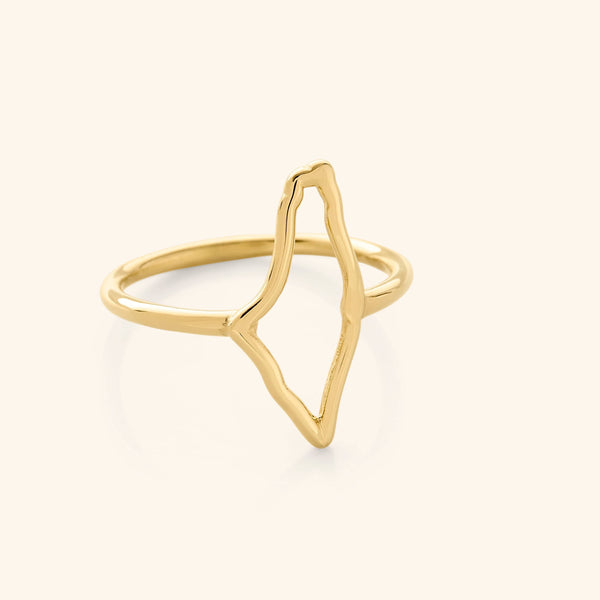 A close-up of the Hometown Ring in 18K gold plating, uniquely shaped to outline the map of Palestine as the top of the ring, creating a bold and meaningful silhouette.